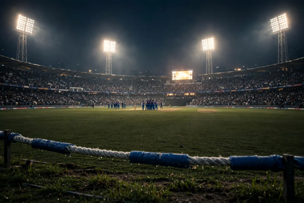 India players celebrate under lights in a night T20 game