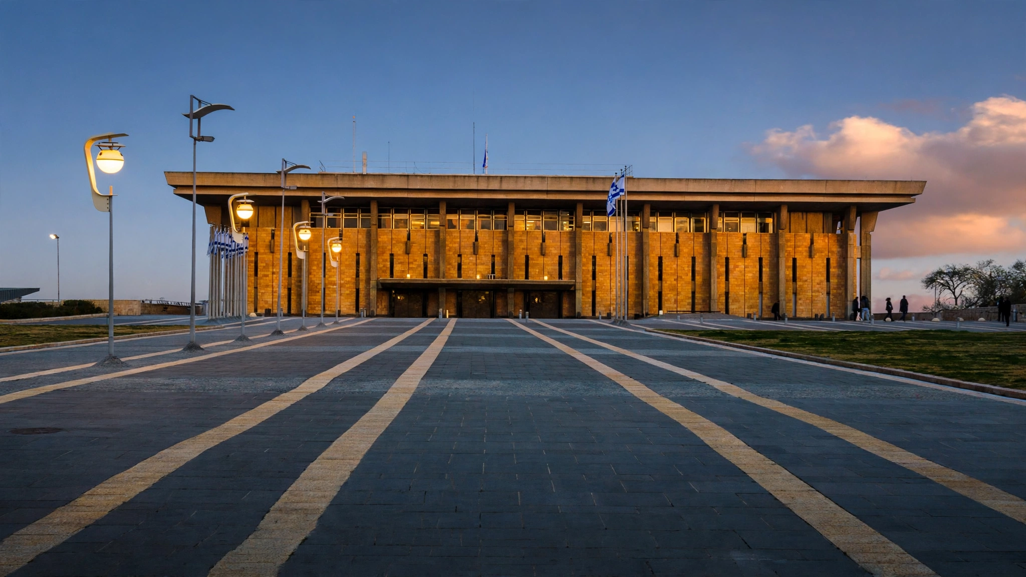 The Knesset in Jerusalem at dusk, the setting for Israel's coalition negotiations after the 2026 election