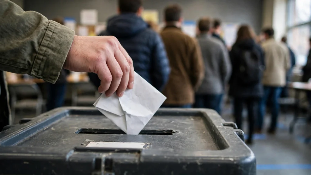 A voter casts a ballot at a polling station.