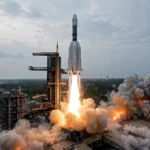 GSLV Mk II lifting off from Sriharikota, AI-generated image based on a real ISRO reference photo.