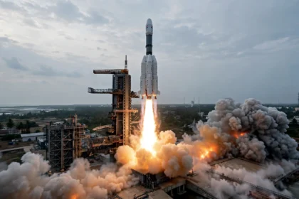 GSLV Mk II lifting off from Sriharikota, AI-generated image based on a real ISRO reference photo.
