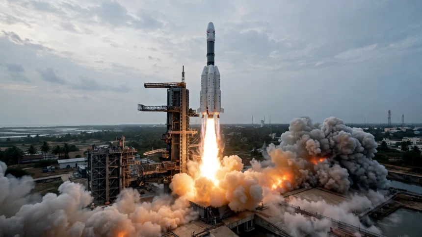 GSLV Mk II lifting off from Sriharikota, AI-generated image based on a real ISRO reference photo.