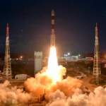 PSLV rocket lifting off from the launch pad at the Satish Dhawan Space Centre, Sriharikota. Photo: Indian Space Research Organisation / Wikimedia Commons (background composite).