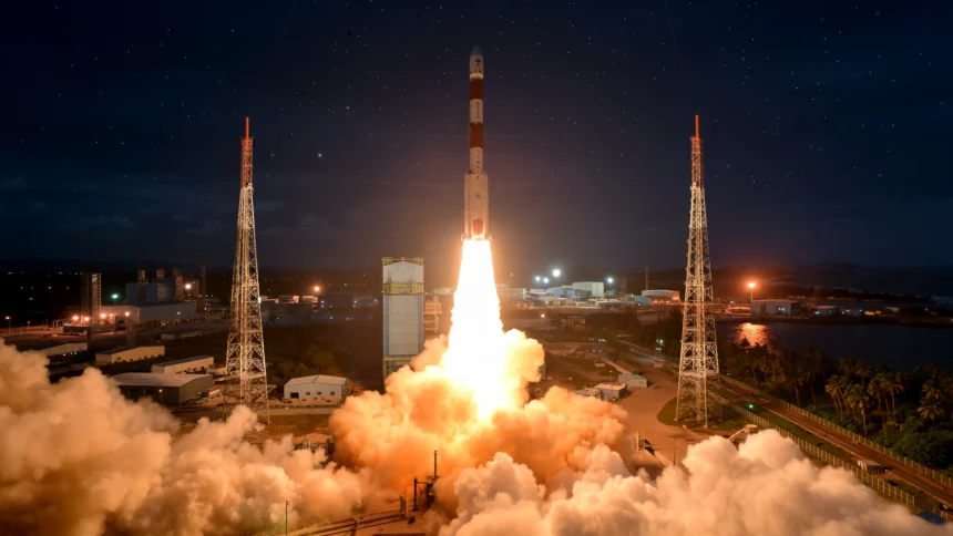 PSLV rocket lifting off from the launch pad at the Satish Dhawan Space Centre, Sriharikota. Photo: Indian Space Research Organisation / Wikimedia Commons (background composite).