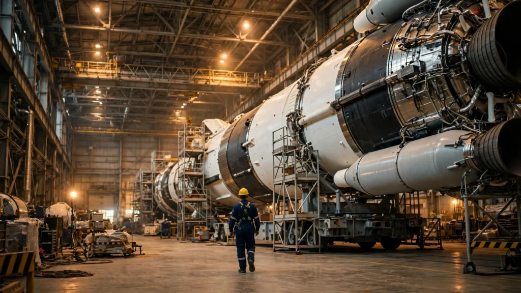 Technician beside rocket hardware at an ISRO assembly facility.