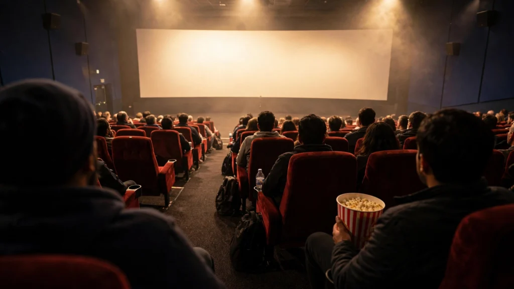Moviegoers watching a film in a packed multiplex auditorium