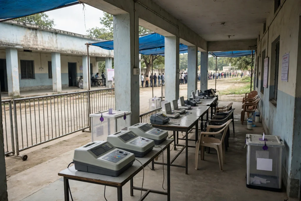 Electronic voting machines at an Indian polling station.