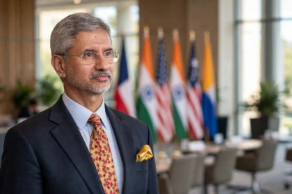 S Jaishankar at a diplomatic summit, with Indian and US flags behind him. Photo: U.S. Department of State / Wikimedia Commons (background composite).
