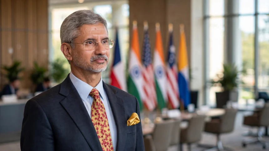 S Jaishankar at a diplomatic summit, with Indian and US flags behind him. Photo: U.S. Department of State / Wikimedia Commons (background composite).