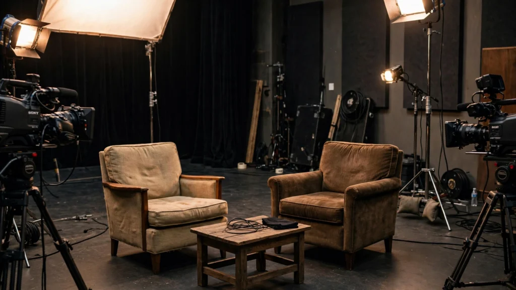 Empty television talk-show studio set.