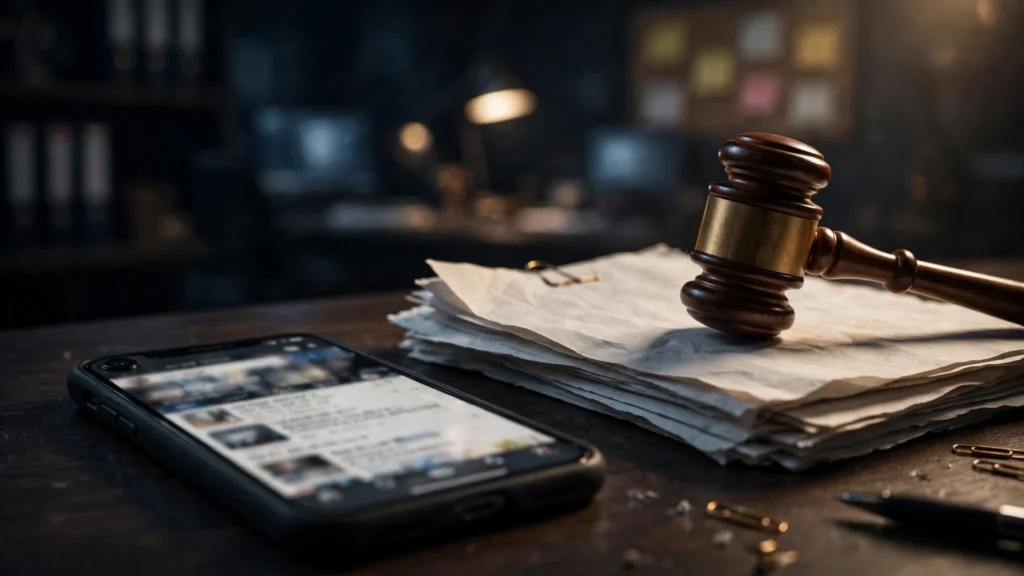 Smartphone with a social media feed beside a gavel and legal papers, representing the police FIR over an alleged defamatory post