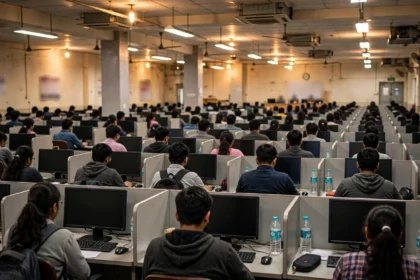 Students appearing for the JEE Main computer-based entrance examination at a test centre