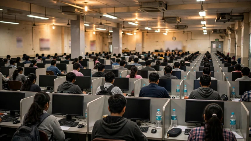 Students appearing for the JEE Main computer-based entrance examination at a test centre