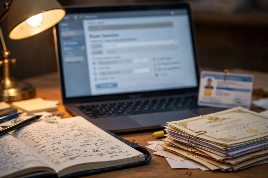 Laptop with online application form and documents for JEE Main 2027 registration