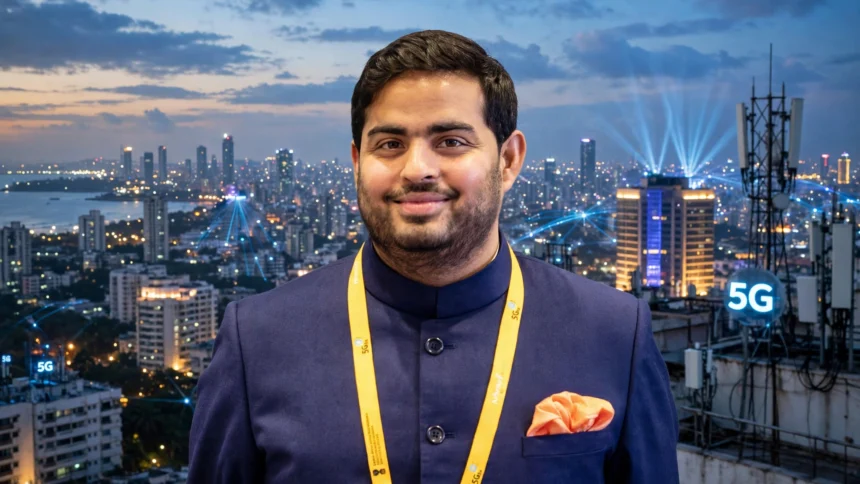 Akash Ambani — Photo: PMO India / Wikimedia Commons (background composite)