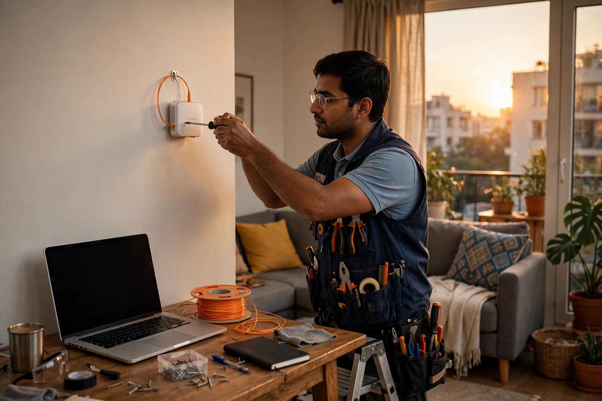 A telecom engineer installs a fiber-optic broadband connection in an Indian home.