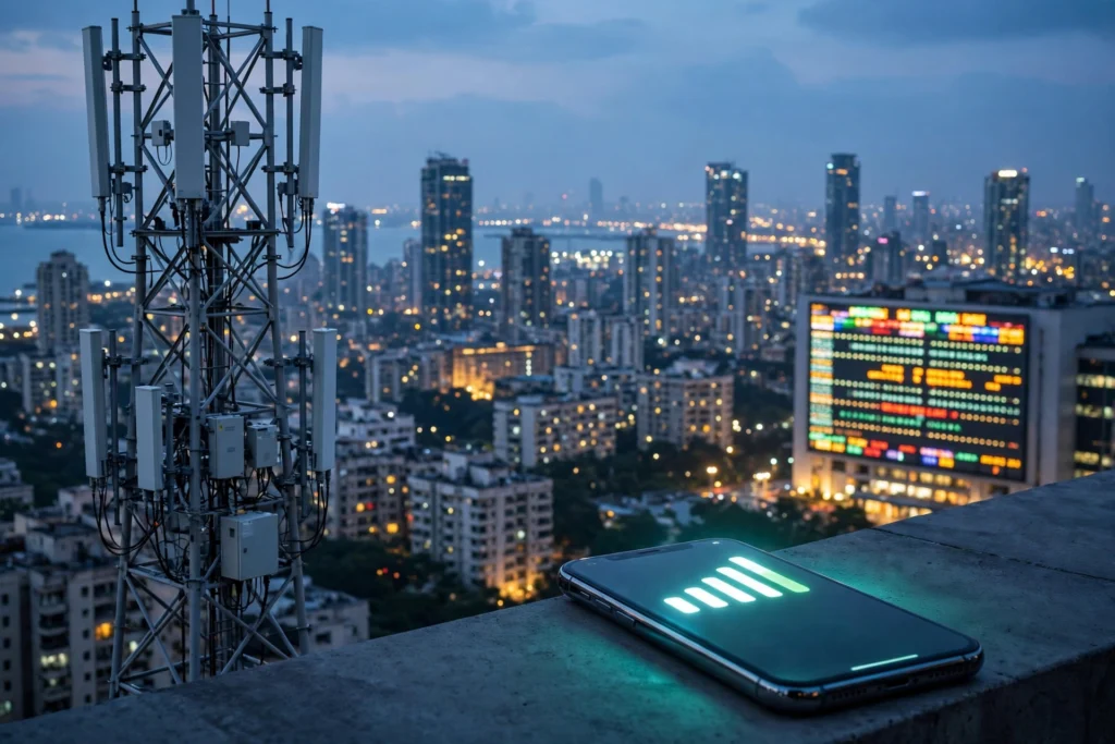 5G telecom tower with Mumbai skyline and stock market ticker, symbolising the Jio Platforms IPO