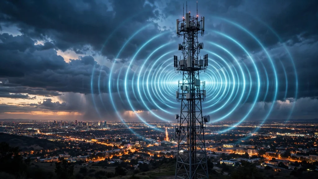 A 5G telecom tower radiating signal waves over a city at dusk (AI-generated illustration).