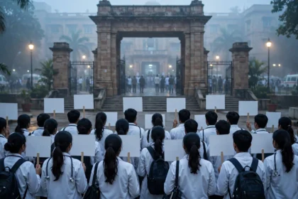 Medical interns in white coats protest outside a government medical college (representational image).