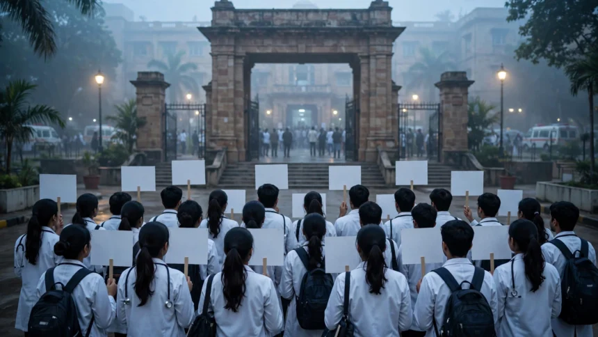 Medical interns in white coats protest outside a government medical college (representational image).