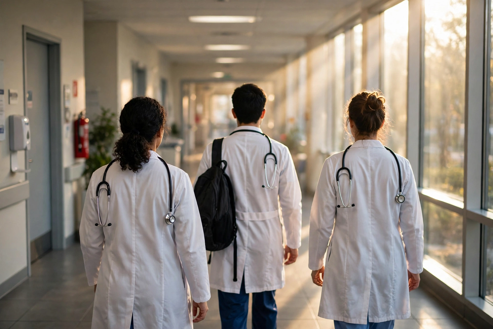 Young doctors in white coats walking down a hospital corridor.