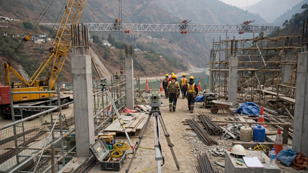 Civil engineering construction work on a large bridge site in the hills of Jammu and Kashmir, based on a real photo of the Chenab Bridge construction site