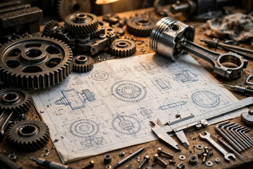 Mechanical engineering workshop with gears and blueprint
