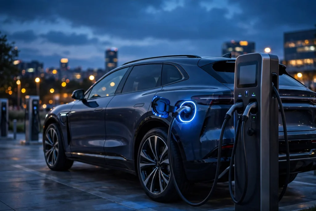 Luxury electric SUV charging at a fast-charging station at dusk