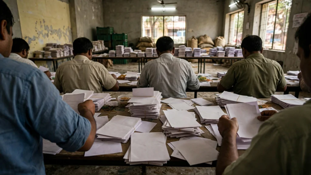 Officials sorting paper ballot papers during vote counting, seen from behind.