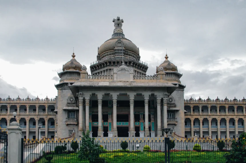 Vidhana Soudha, Bengaluru. AI-generated image grounded in a real photo by Moheen Reeyad / Wikimedia Commons.