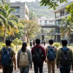 Students walking on a university campus in Karnataka