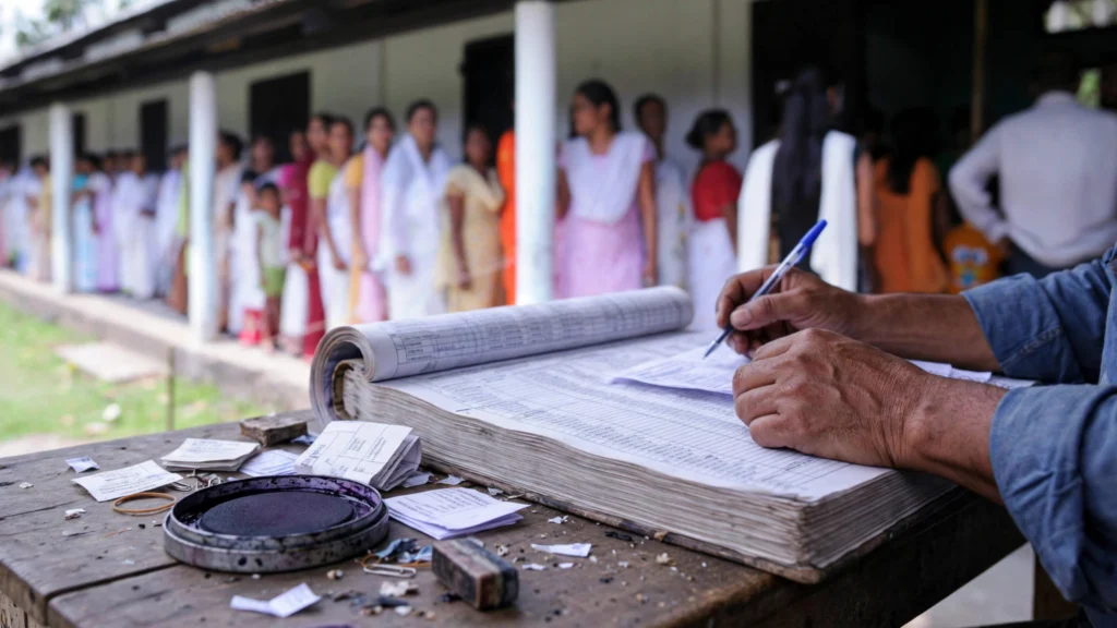 A polling official checks the electoral roll register at a polling station. Illustrative image.