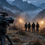 Film camera on a mountain valley location shoot at dusk.