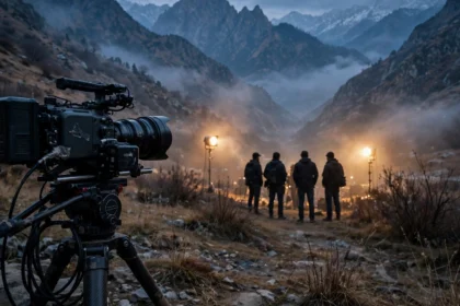 Film camera on a mountain valley location shoot at dusk.