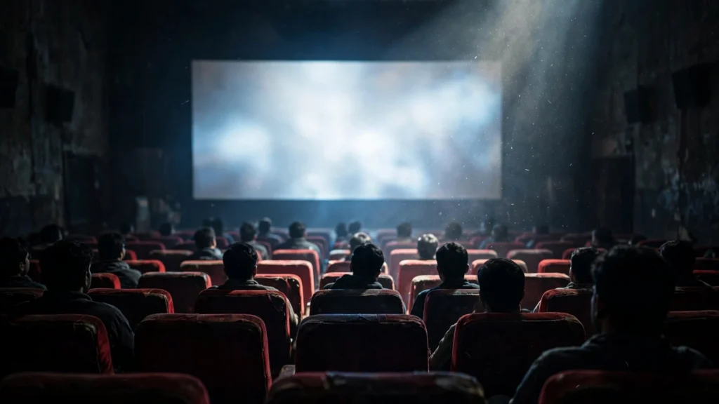 Audience watching a film in a dark cinema hall.
