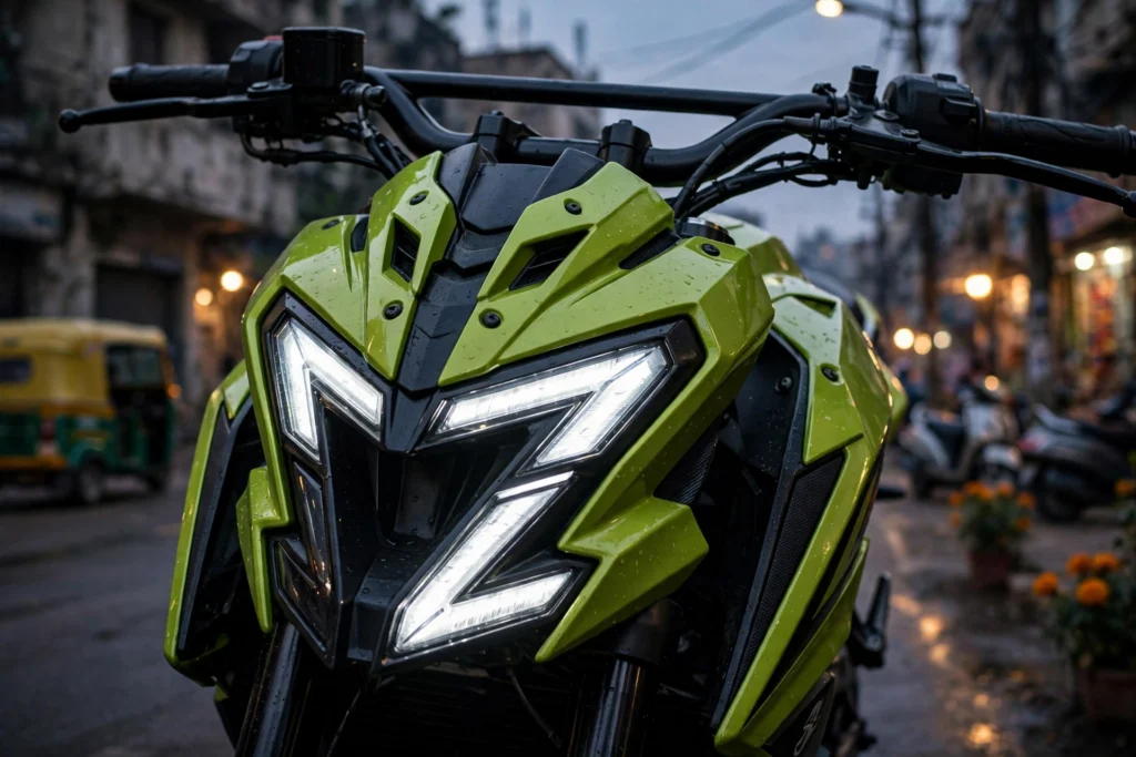 Lime-green streetfighter-style motorcycle front detail (representative image).
