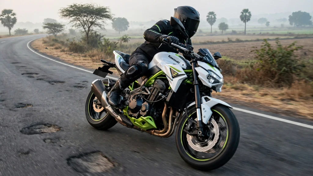 The 2027 Kawasaki Z900 in Pearl Blizzard White with Plasma Lime Green, on the road. Image generated from a real reference photo (CC0, Wikimedia Commons).