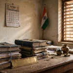 Karnataka village revenue office with land record registers and official files.