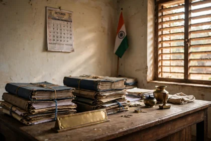 Karnataka village revenue office with land record registers and official files.