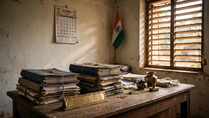 Karnataka village revenue office with land record registers and official files.