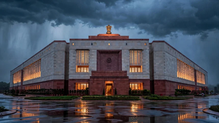 New Parliament Building, New Delhi. (Photo: Ministry of Parliamentary Affairs / Wikimedia Commons, background composite)