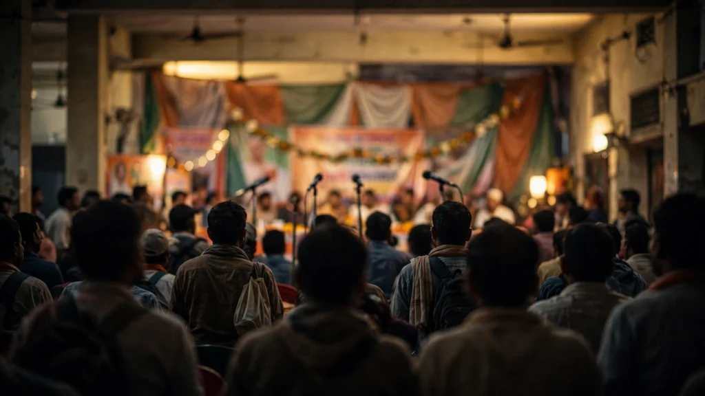 Audience at a political rally hall in India.