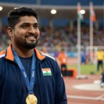 Sachin Khilari celebrates his shot put gold at the Asian Para Games 2026. Photo: Government of India / Wikimedia Commons (GODL-India), background composite.