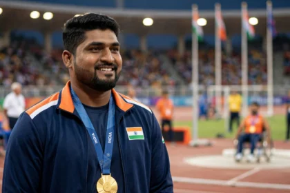 Sachin Khilari celebrates his shot put gold at the Asian Para Games 2026. Photo: Government of India / Wikimedia Commons (GODL-India), background composite.