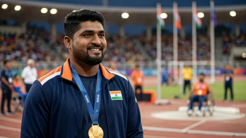Sachin Khilari celebrates his shot put gold at the Asian Para Games 2026. Photo: Government of India / Wikimedia Commons (GODL-India), background composite.