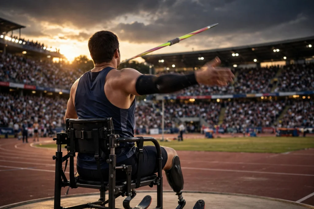 A javelin thrower mid-release at a packed athletics stadium.