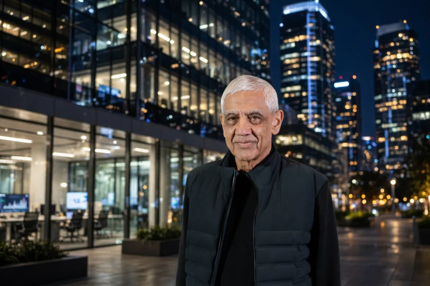 Vinod Khosla. Photo: Wikimedia Commons (background composite)
