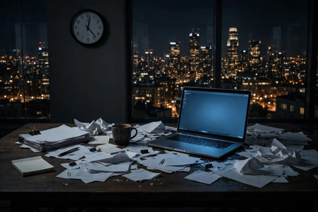 A late-night office desk, illustrating the 24/7 work debate sparked by Vinod Khosla's job posting.