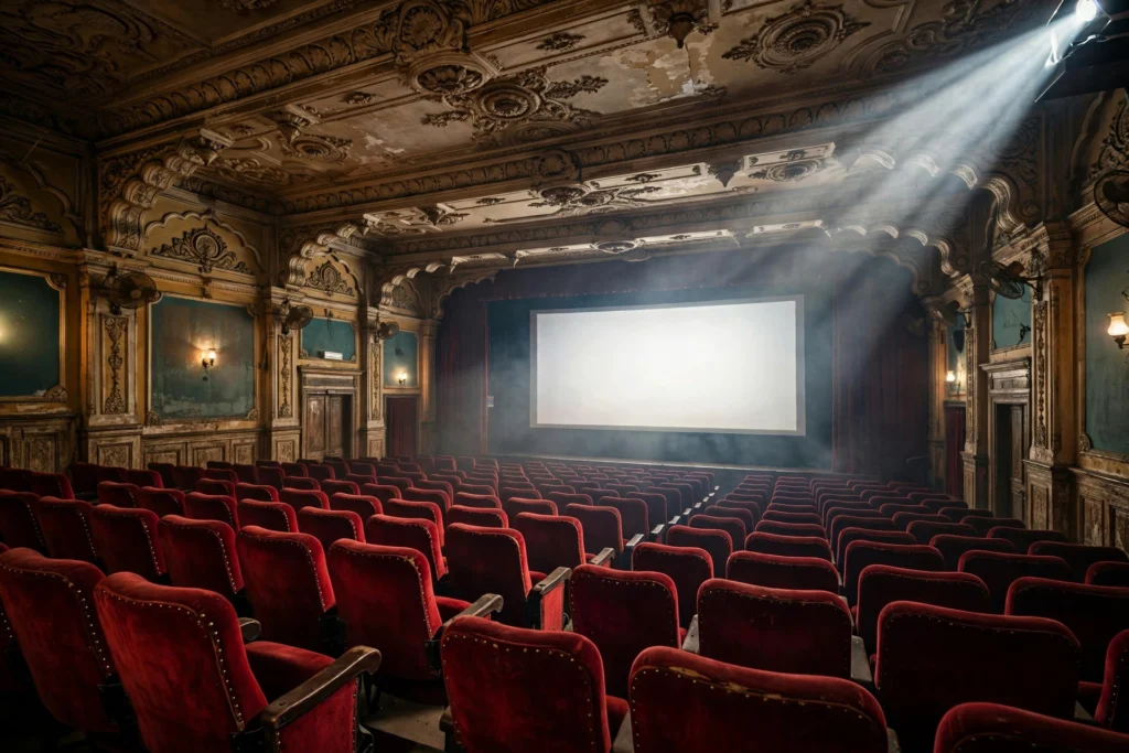 Cinema theatre with a glowing screen, representing the theatrical release of Khosla Ka Ghosla 2 in March 2027