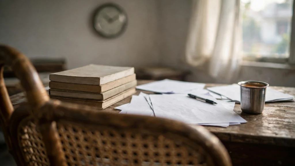Government exam preparation books and application papers on a study desk.